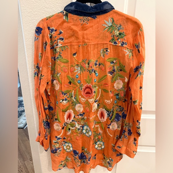 Aratta Silent Journey Gardenia Embroidered Button Up Velvet Orange Boho Top XL - Picture 5 of 5